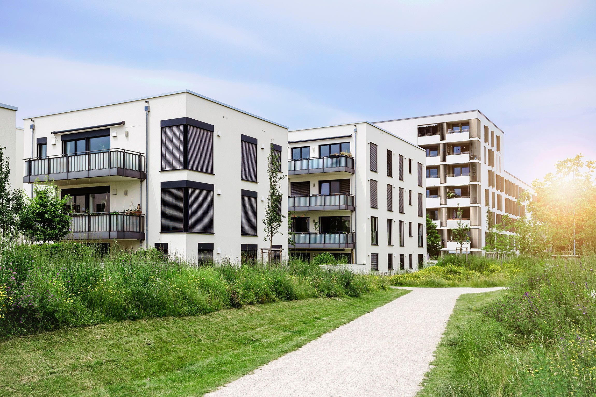 Mehrere moderne Wohngebäude mit Balkonen und großen Fenstern, umgeben von Grünflächen und einem Weg im Vordergrund.